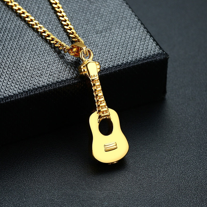 Rock Stainless Steel Guitar Necklace Cremation Urn Pendant Openable Love Music Jewelry
