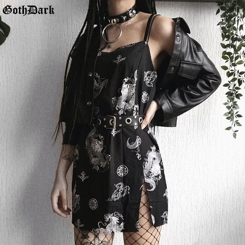 Goth Dark Gothic Vintage Punk Dragon Print High Waist Aesthetic Split Dress Chic Strap Backless