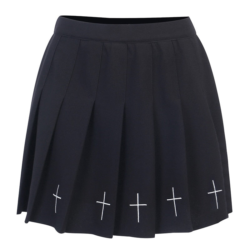 Goth High Waist Mini Black Skirts Gothic Streetwear Cross Print Pleated Women Skirt