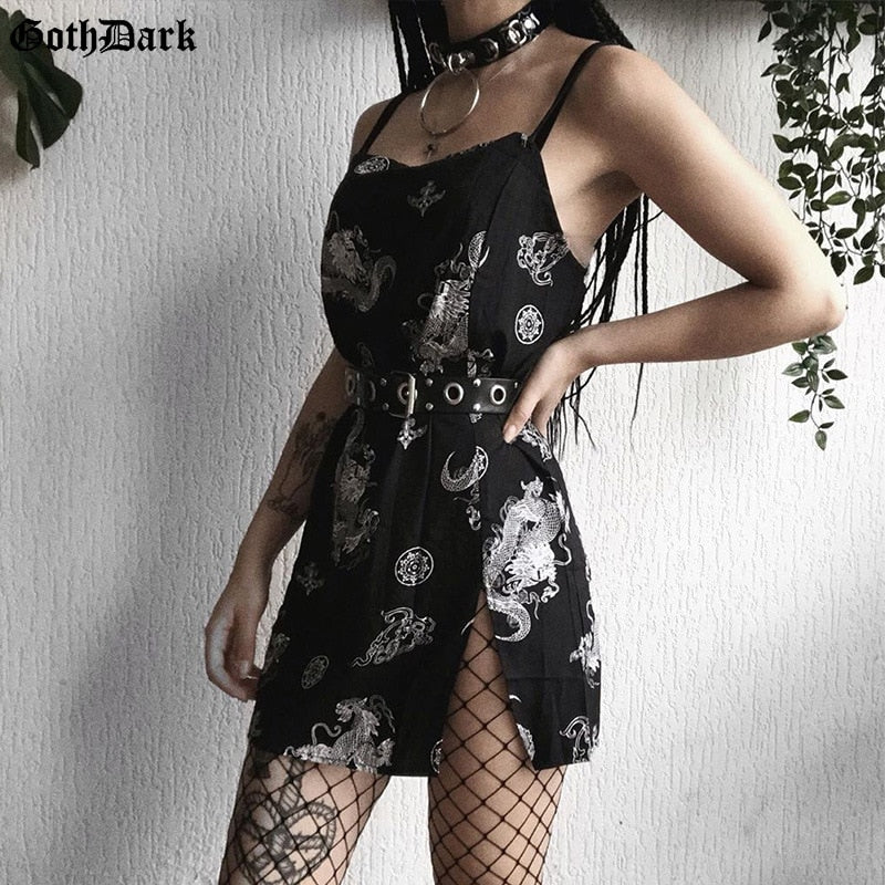 Hot Goth Dark Gothic Vintage Punk Dragon Print High Waist Aesthetic Split Dress Chic Strap Backless