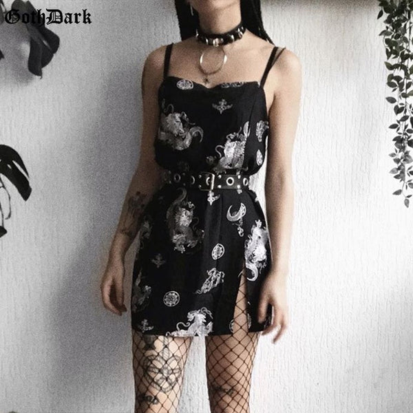 Goth Dark Gothic Vintage Punk Dragon Print High Waist Aesthetic Split Dress Chic Strap Backless