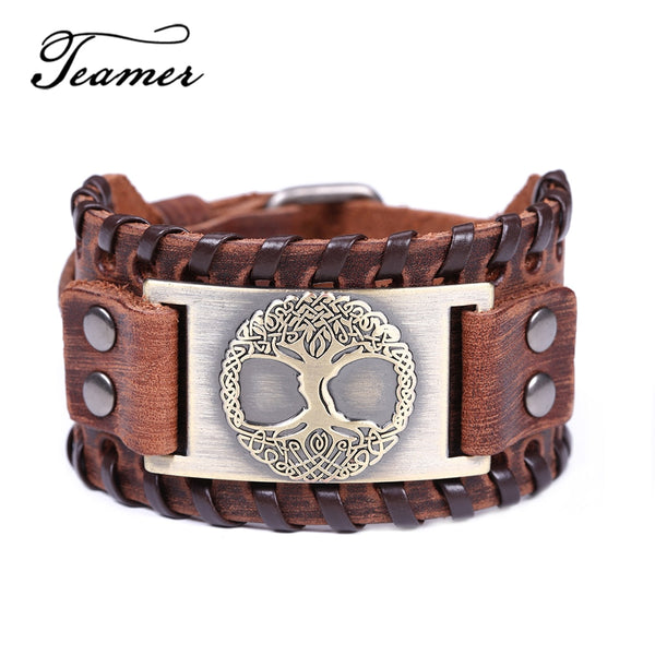 Vintage Genuine Wide Leather Bracelet Tree Of Life Silver Color Copper Charm Wicca Bangle Goth