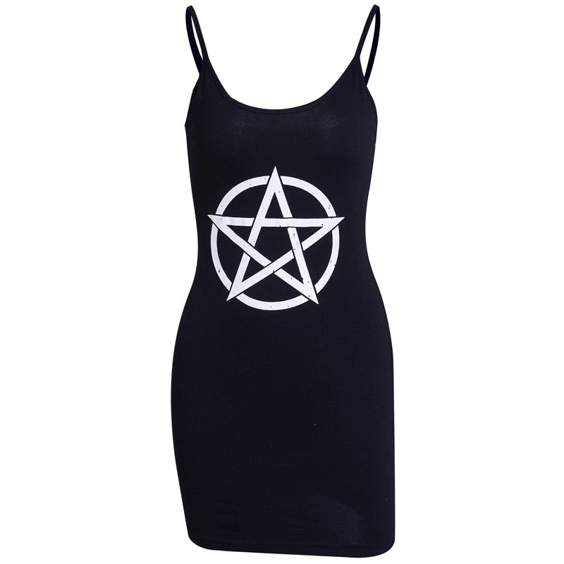 Goth Bodycon Black Women Dress Gothic Pentagram Print Female Mini Dress Sleeveless Black