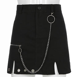 Hot Goth Zipper up women skirts metal chain gothic mini skirt A-line black