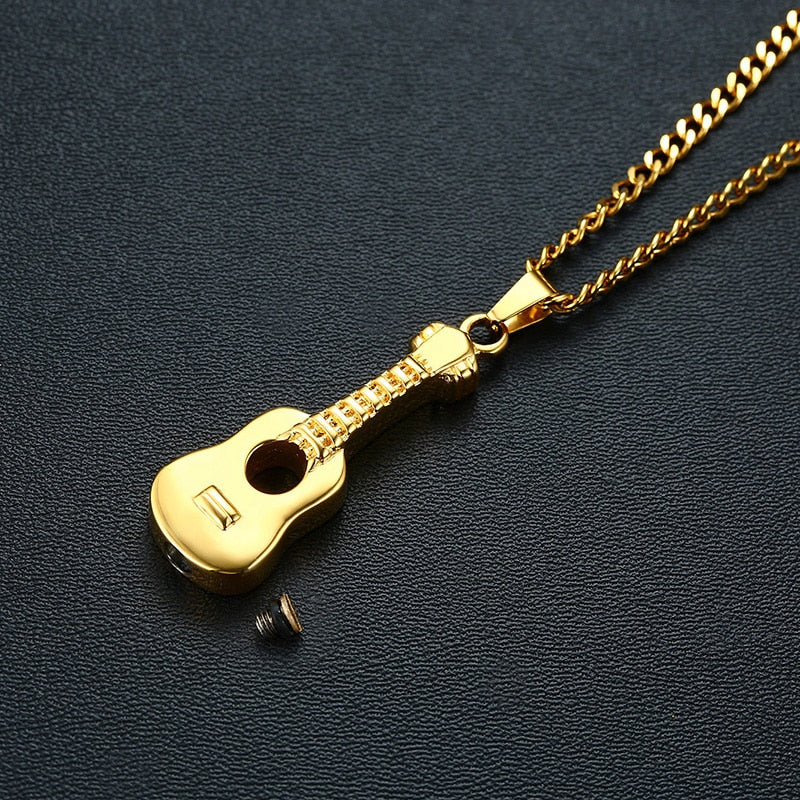 Rock Stainless Steel Guitar Necklace Cremation Urn Pendant Openable Love Music Jewelry