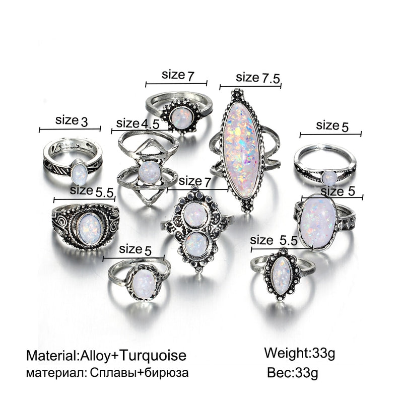 8 PCS/Set Vintage Opal Rings Set Goth Boho Geometric Pattern Flower Rings Bohemian Jewelry 