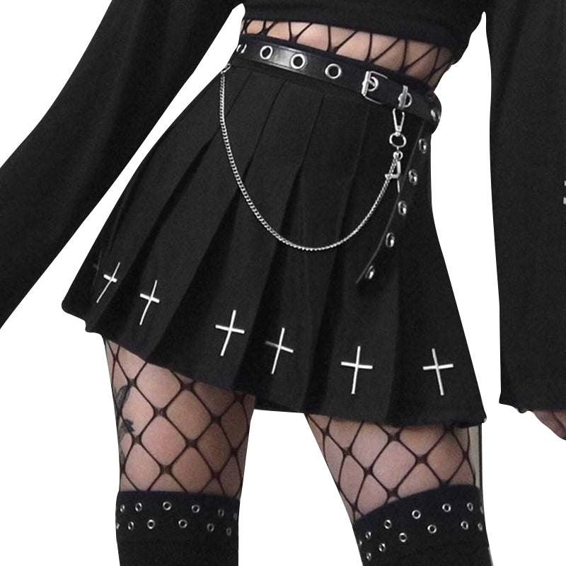 Hot Goth High Waist Mini Black Skirts Gothic Streetwear Cross Print Pleated Women Skirt