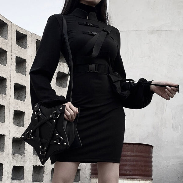 Short Bandage Dress Women Gothic Punk Belt Long Sleeve Streetwear Black Goth Mini