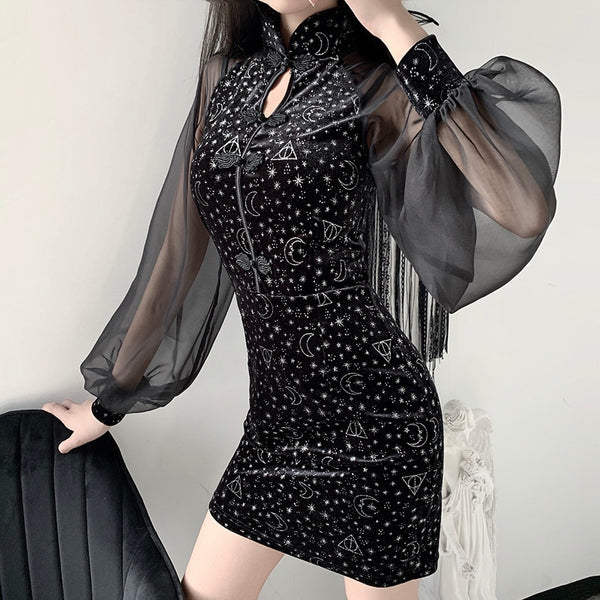 Goth Retro Black Mini Gothic Harajuku Print Chinese Dress Mesh Long Sleeve Sexy Female Dresses