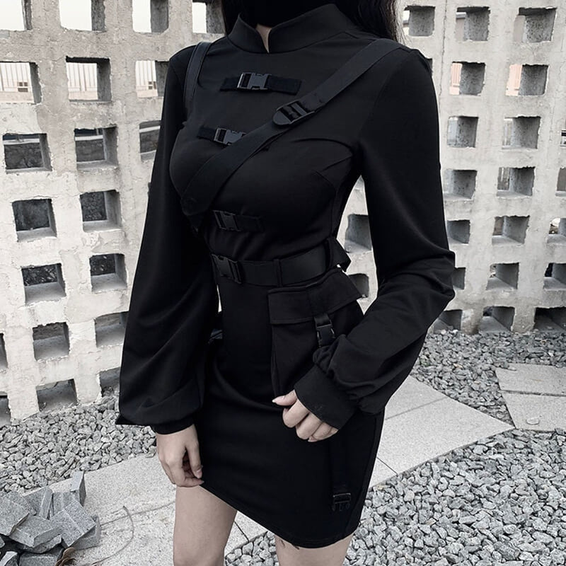 Short Bandage Dress Women Gothic Punk Belt Long Sleeve Streetwear Black Goth Mini