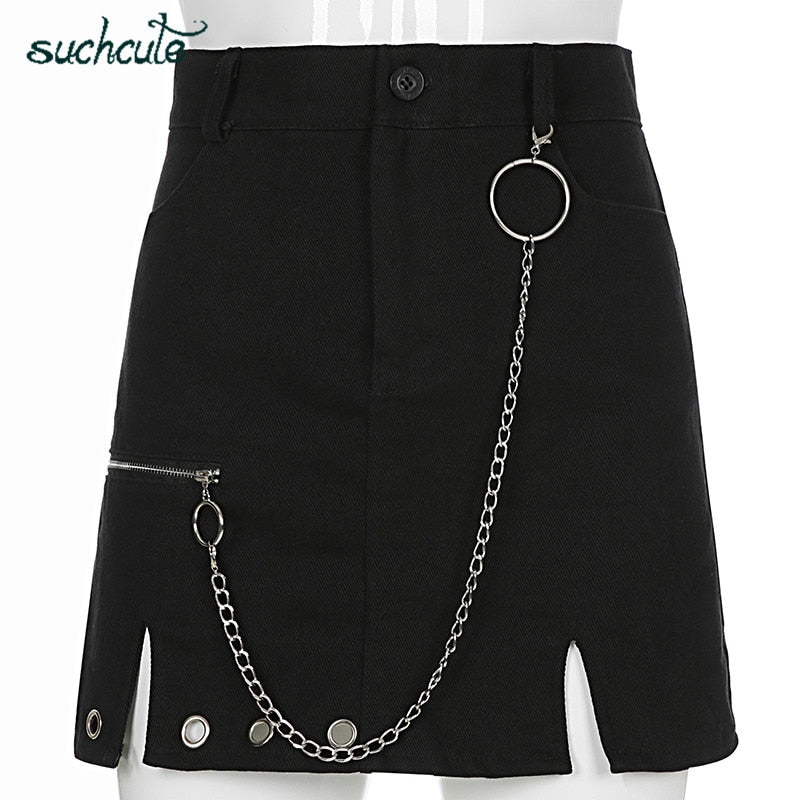 Zipper up women skirts metal chain gothic mini skirt A-line black 