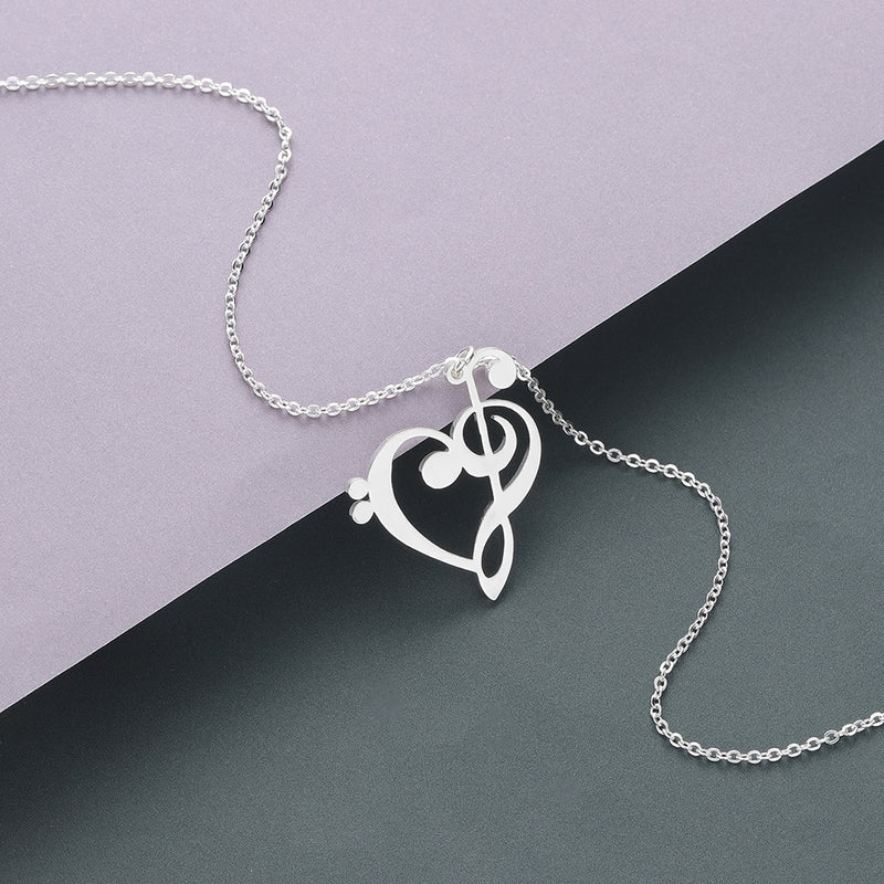 Music Note Heart of Treble and Bass Clef Necklace Women Infinity Love Charm Pendant Stainless Steel
