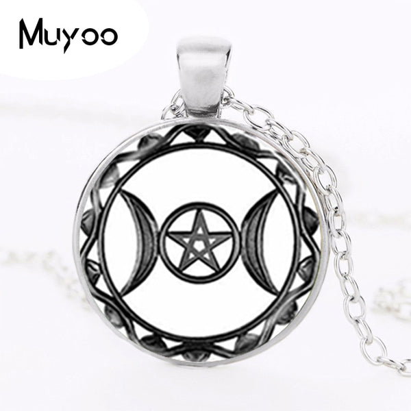 Triple Moon Goddess Pendant Pentagram Necklace Witch Glass Dome Wiccan Goth Round Chain Charm 