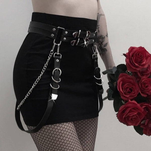 Gothic Punk Faux Leather Belt Metal Chain Ring Waist Strap Rock Hip Hop Ring Chain Belt