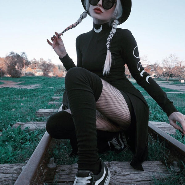 Gothic Punk Moon Print Women Dress Sexy High Split Mini Black Girl Darkness Streetwear 