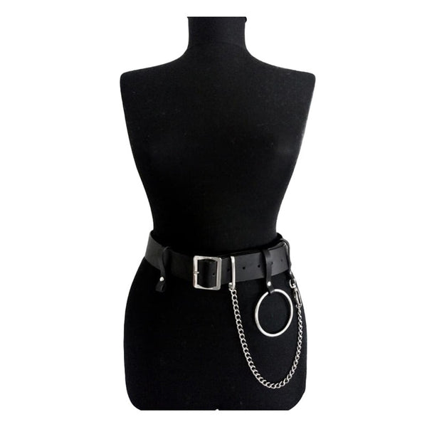 Gothic Punk Waist Chain Metal Circle Ring Design Silver Pin Buckle Leather Black Jeans Waist Belts