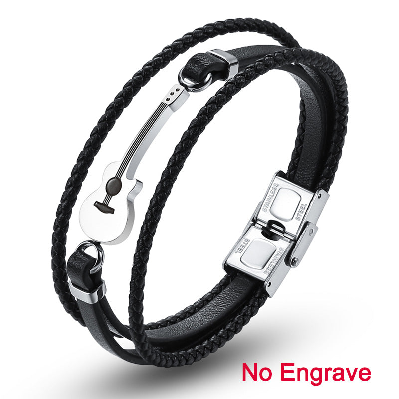 Stainless Steel Guitar Bracelets Black Customized Logo Leather Bracelet Rope Music Bangle