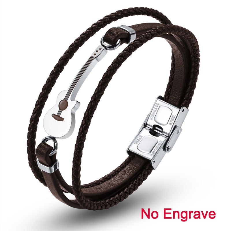 Stainless Steel Guitar Bracelets Black Customized Logo Leather Bracelet Rope Music Bangle