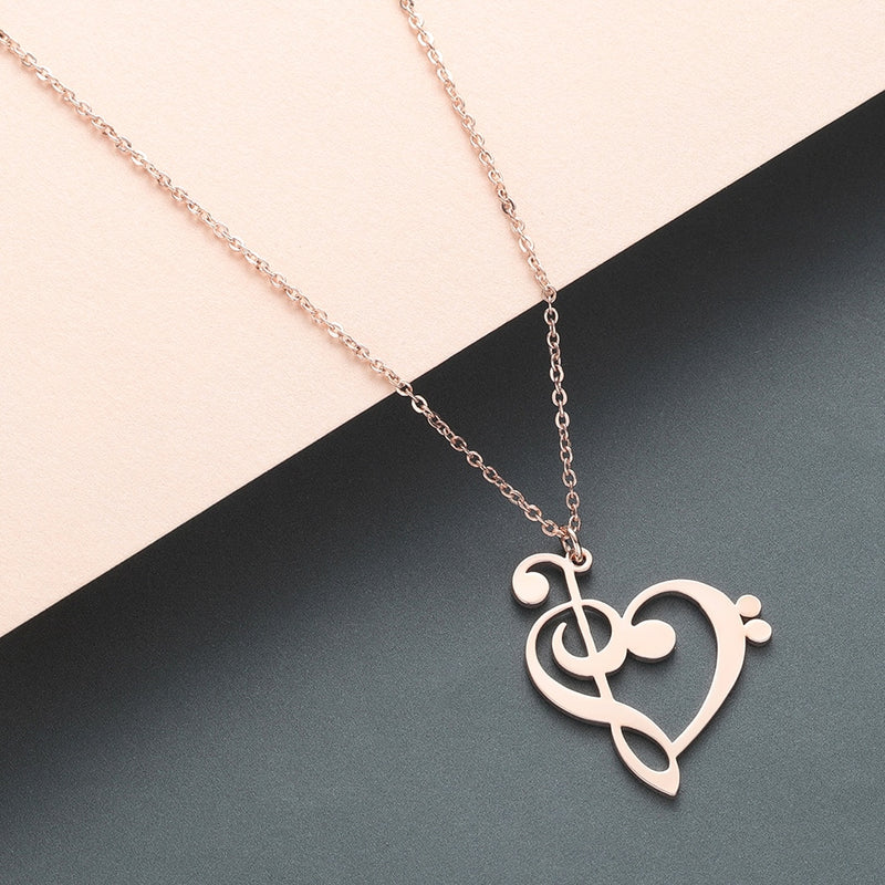 Music Note Heart of Treble and Bass Clef Necklace Women Infinity Love Charm Pendant Stainless Steel