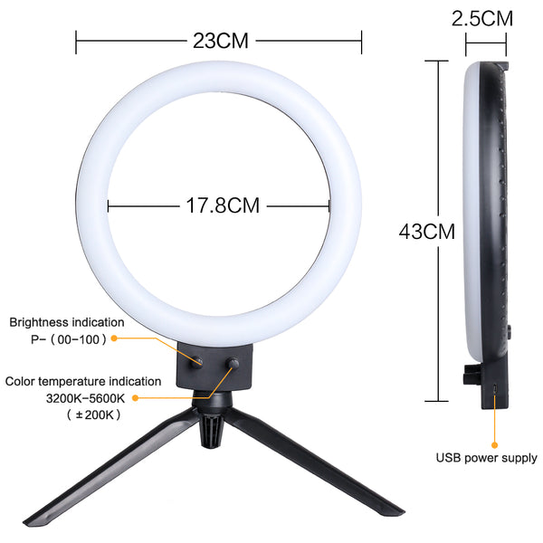 9inch Mini LED Vertical Dimmable Desktop Ring Light With USB Plug Tripod Stand For YouTube Video Live Photo Photography studio