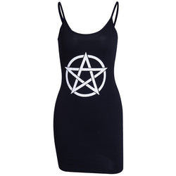 Hot Goth Bodycon Black Women Dress Gothic Pentagram Print Female Mini Dress Sleeveless Black