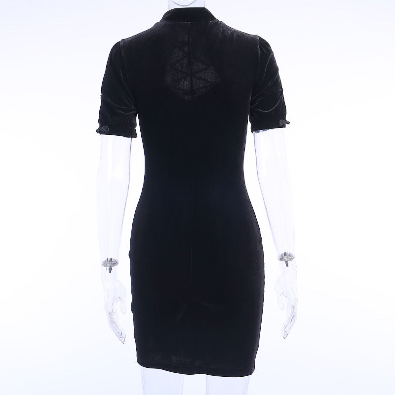 Goth Retro Black Short Sleeve Mini Dress Women Gothic Streetwear Female Dress Vintage Party Dress