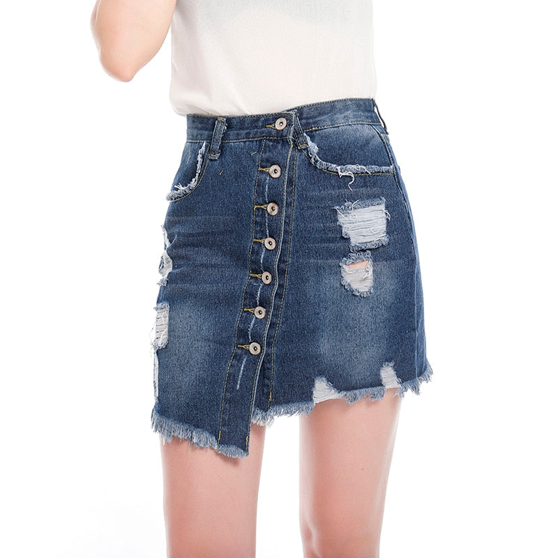 Casual Irregular High Waist Denim Skirt Light Wash Women Ripped Mini Skirt Goth
